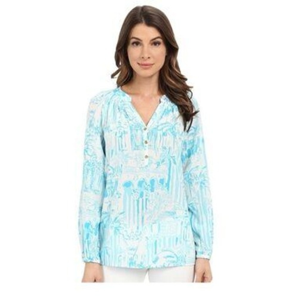 Lilly Pulitzer Elsa Top Blue White Tropical Silk Smocked Blouse Womens Small